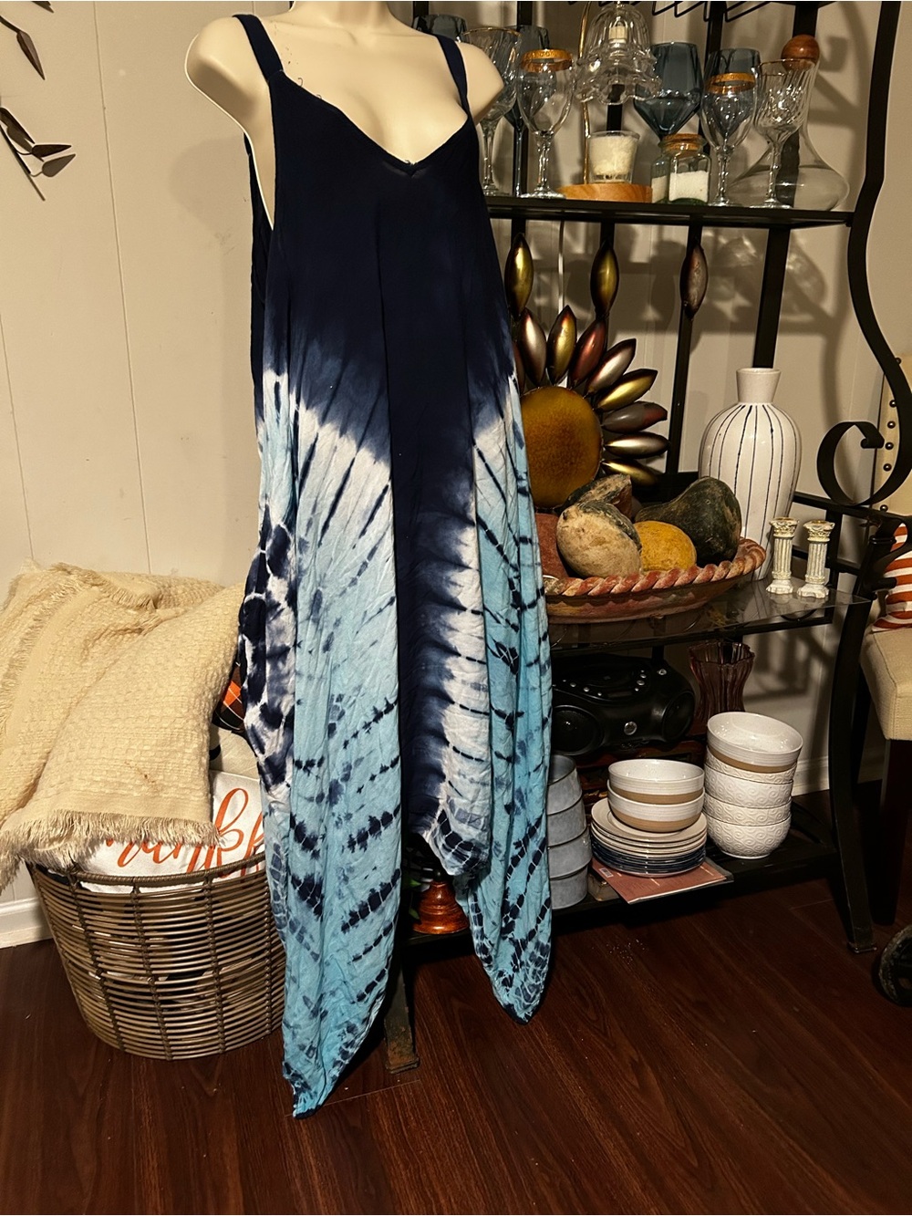 SHEIN Navy and Light Blue Tie-Dye A-Line Jumpsuit with pockets